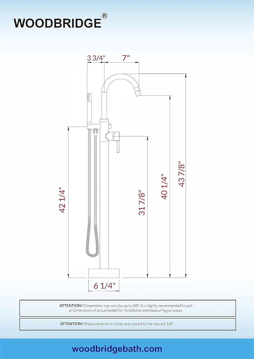 F0007 BG Freestanding Tub Filler Bathtub Floor Mount Brass Bathroom Faucets with Hand Shower, F-0007 Golden, Brushed Gold