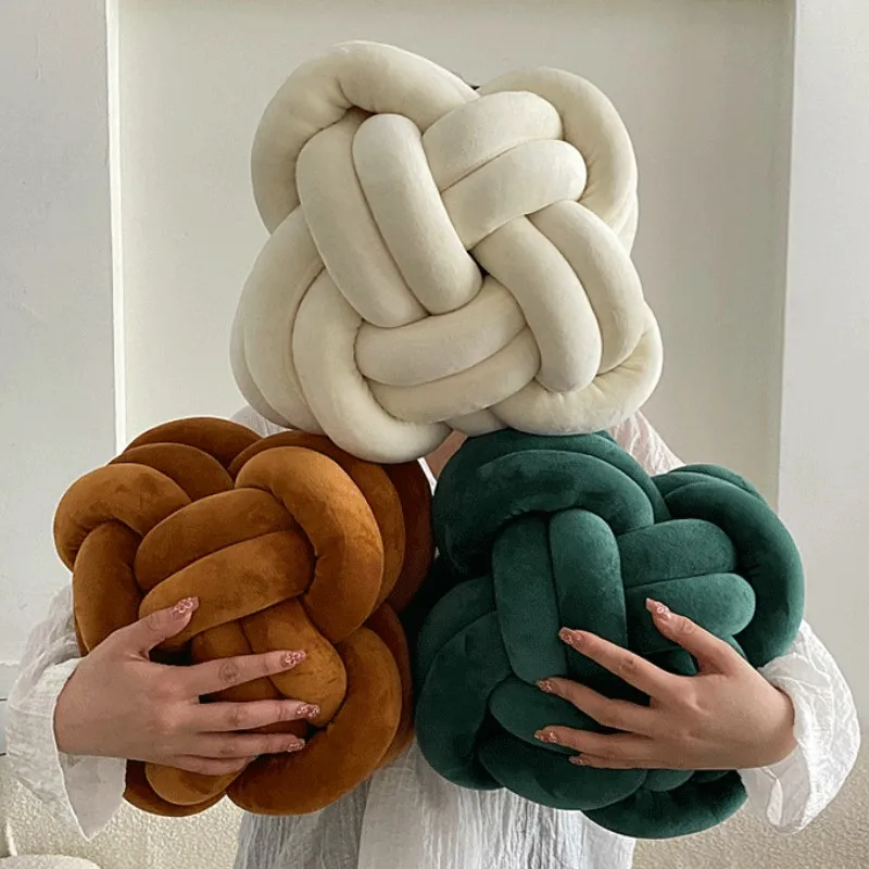 Knot Pillow Ball Decorative Throw Pillows with Velvet Fabric for Couch Bed Decor Knotted Square Floor Pillow Cushions for Home