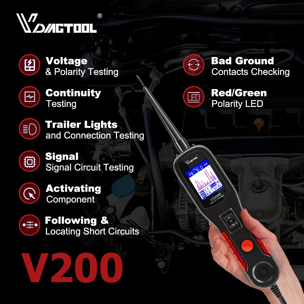 VDIAGTOOL V200 Sonda mocy Tester obwodów elektrycznych 6V-30V Układ elektryczny Tester prądu Wbudowana ochrona przed przeciążeniem światła