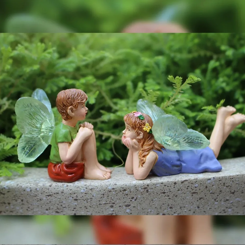 2pcs/set Boy Girl Fairy Garden Fairy Statue Resin Craft Courtyard Terrarium Miniature Fairy Figurine Creative Garden Accessories