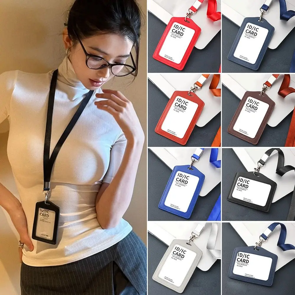 Porta carte di lavoro in vera pelle di alta qualità con cordino al collo Porta carte d'identità in tinta unita Porta badge aziendale