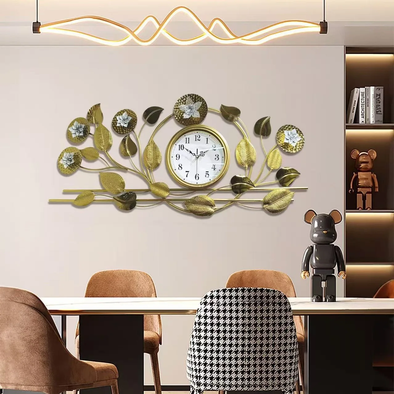 Wall clock crafts silent titanium clock wall background decoration light luxury simple restaurant ginkgo