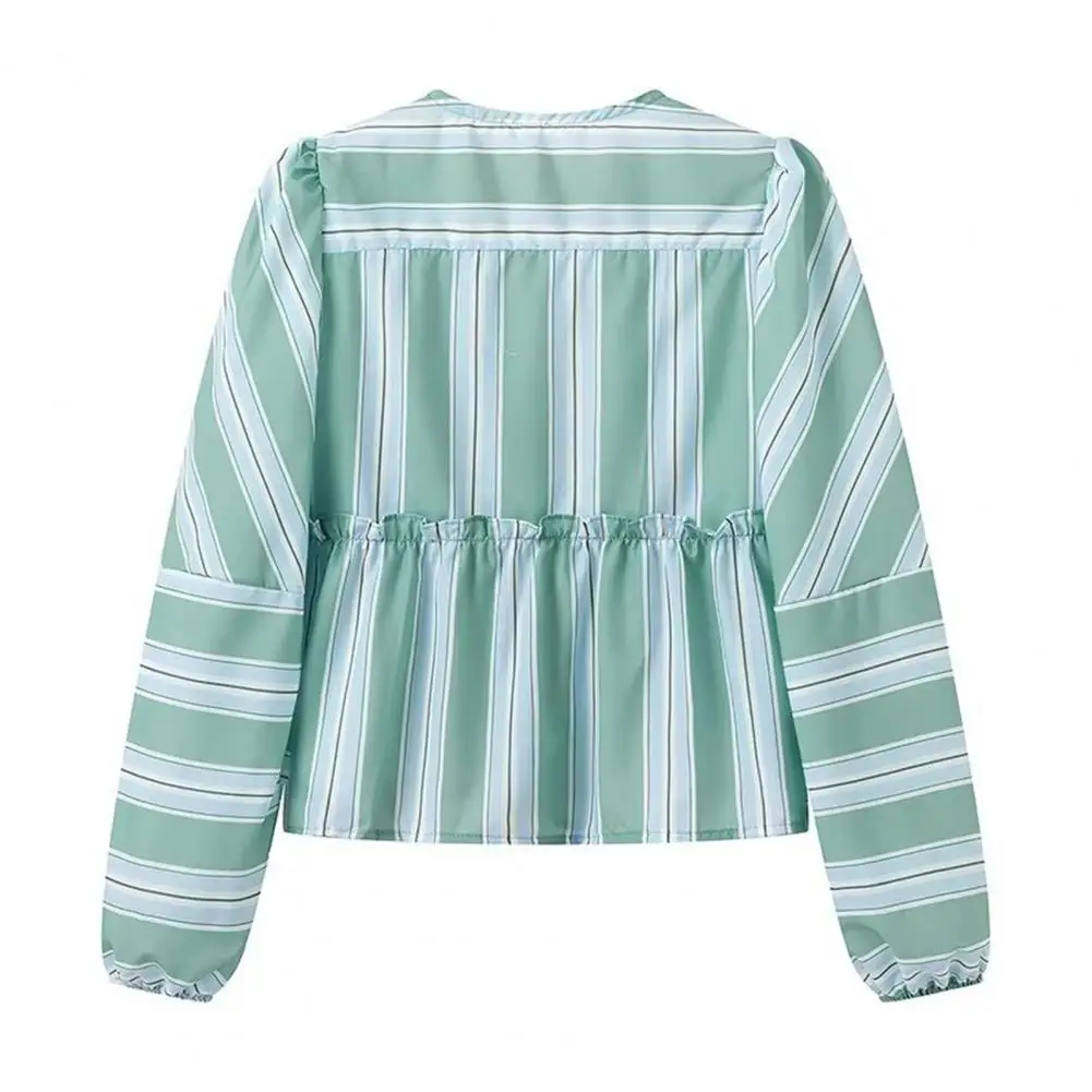 

Women Blouse Striped Print Ruffle Stitching Hem Women's Shirt Round Neck Lantern Long Sleeve Front Lace-up Design Women Top