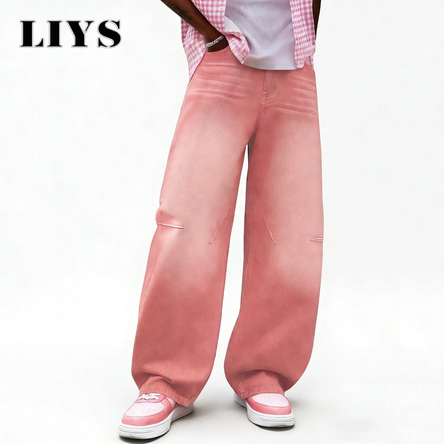 

Джинсы LIYS American Youth Avant-garde Pink Ultra Baggy Wide Leg для мужчин и женщин, уличная мода, повседневные джинсовые брюки на все сезоны