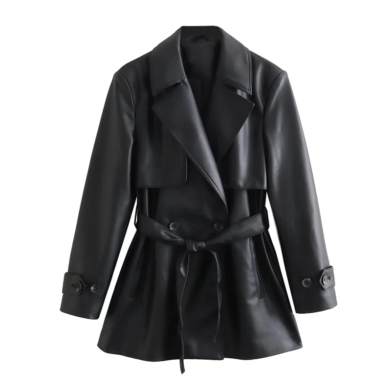 Blazer de cuero básico para mujer, chaqueta lisa de manga larga, color negro, Estilo Vintage, otoño, 2023