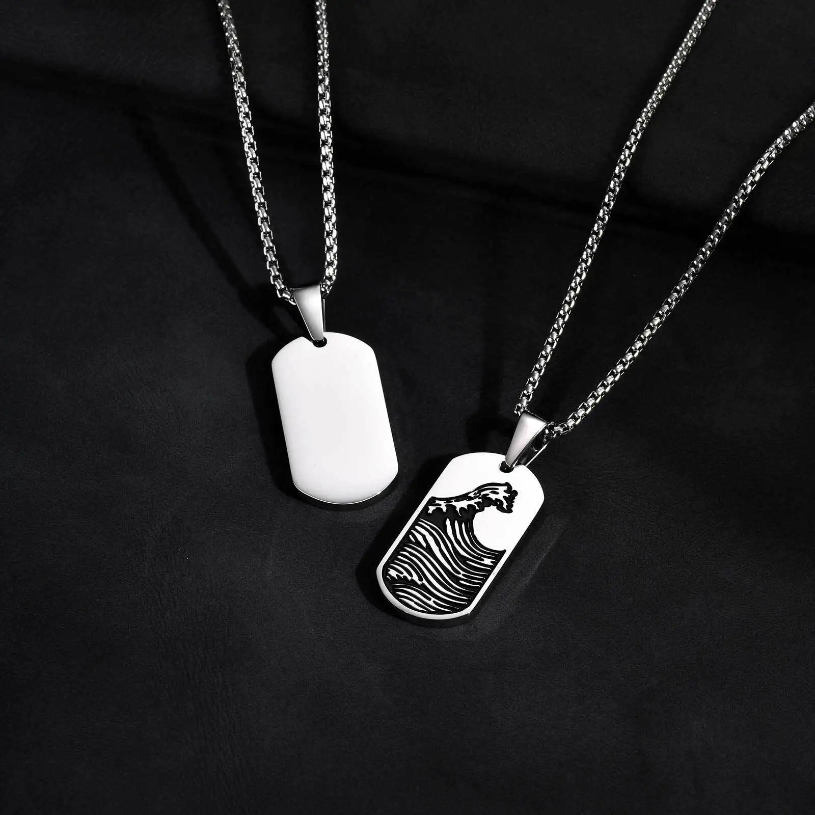 Punk-Seewellen-Erkennungsmarken-Halskette für Männer, Edelstahl, schwarzes Öl, Segelboot, Militär-Anhänger, Geschenk für Ehemann, Sohn, Vater – Detail 8