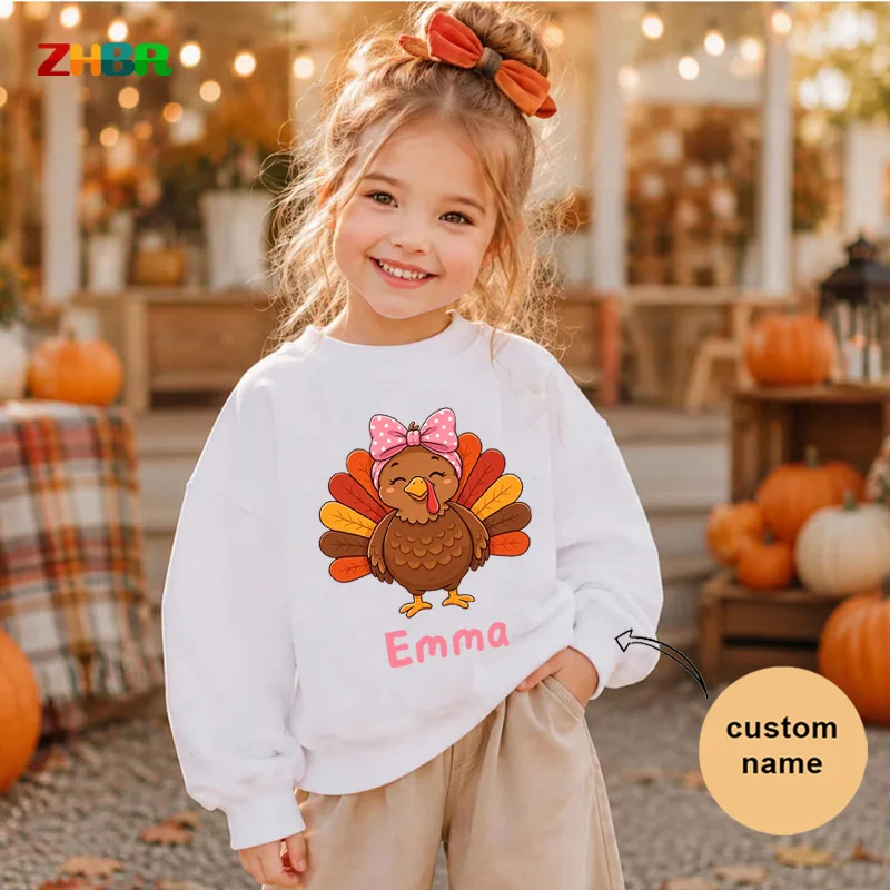 Personalized Kids Thanksgiving Sweatshirt Custom Name Cartoon Turkey Boys Crew Neck Pullover Fall Holiday Children Long Sleeve