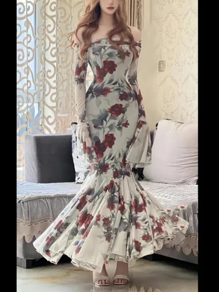 Sexy Style Party Autumn Long Dress Women Print French Vintage Strap Dress Female Fishtail Fork Japanese Elegant Fairy Dress 2024