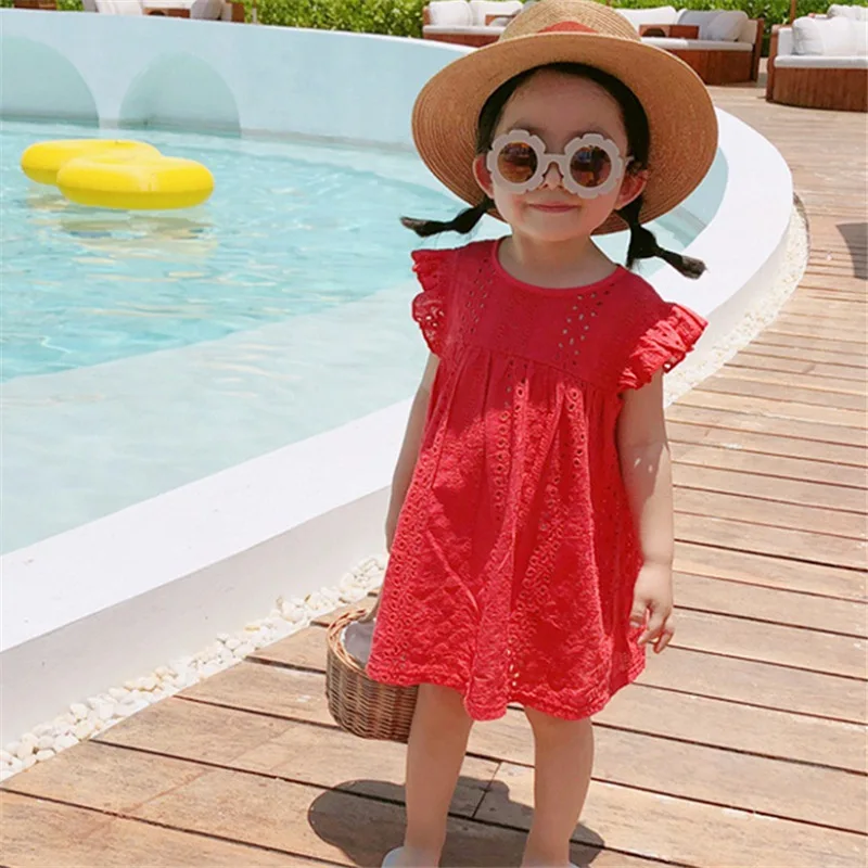 Girls' Dress with Flutter Sleeves and Lace Trim Princess Dress25Summer New Foreign Trade Children's Wear Delivery3-8Years Old
