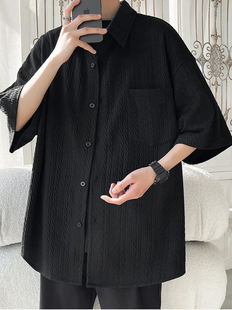 Ice Silk ort Sve irt Men's Summer Thin Feeling Wrinkle Texture Youthful Trendy Top for Teens Casual Loose Fit Button up