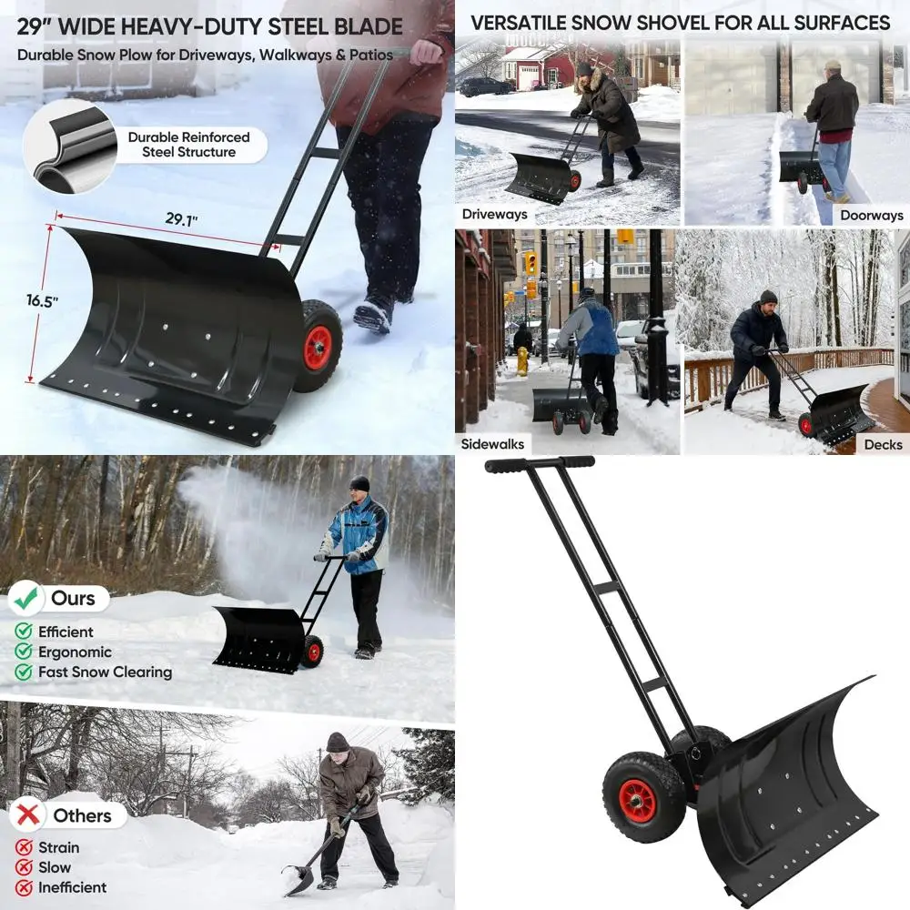 

Wheeled Snow Shovel with Adjustable Plow, Ergonomic Handle, 29x16.5 Heavy Duty Blade for Driveway Snow Removal