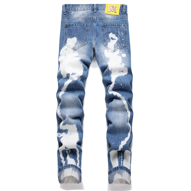 High Street Men Ripped Patch Jeans Mid-Waist Casual Straight Leg Hip Hop Pants Trend Casual Pants