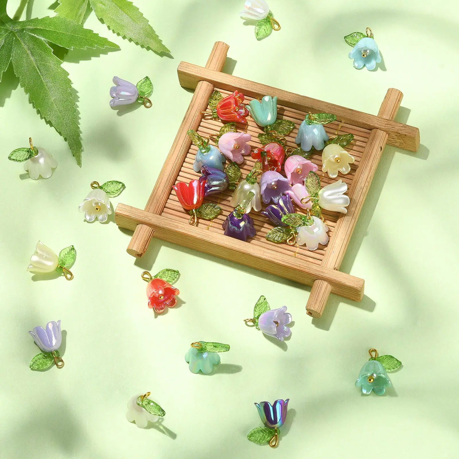 30Pcs Random Resin Bell Orchid Charms with Imitated Pearl Acrylic Beads Lily of the Valley Flower Charms for Jewelry Making
