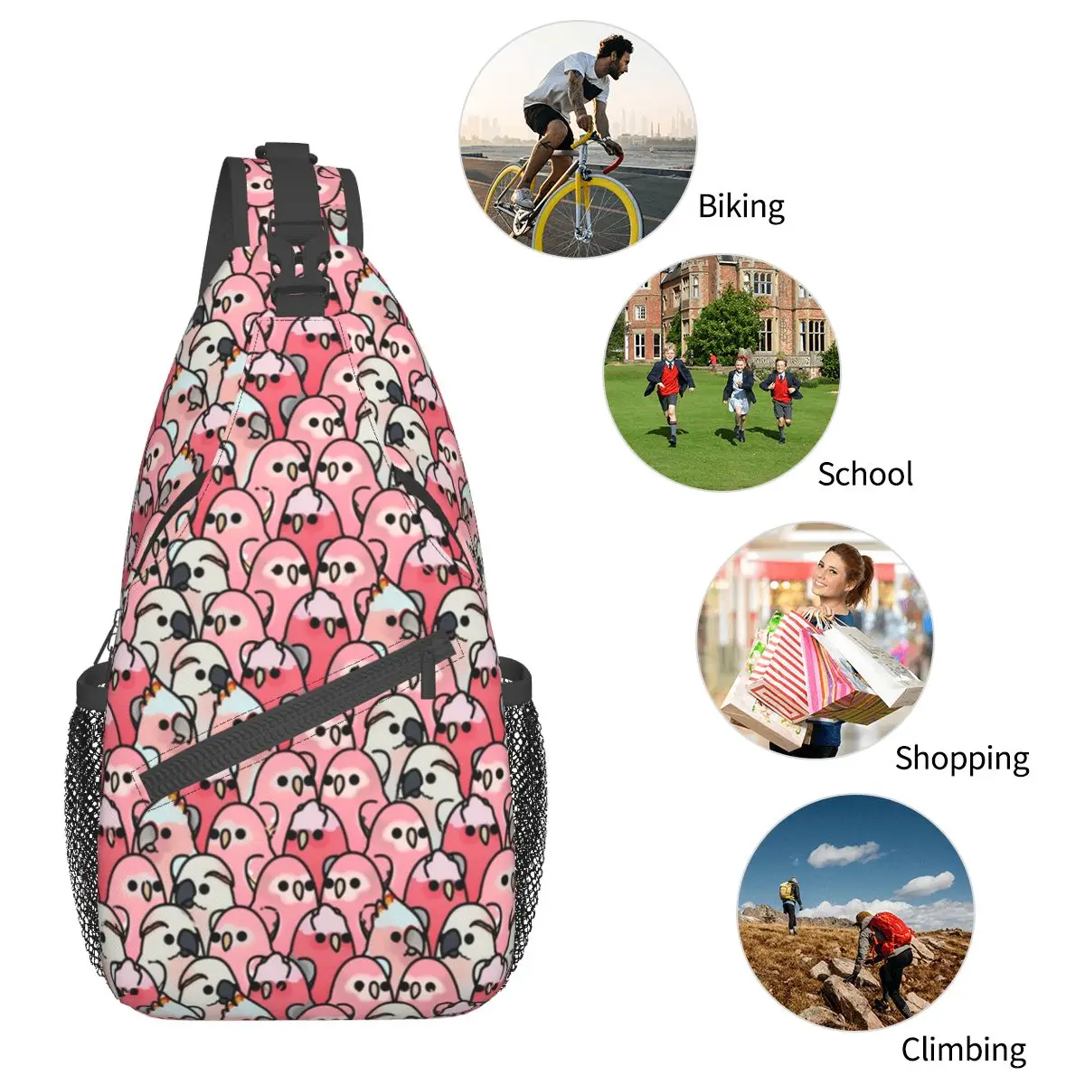 Budgie Too Many Birds Pink Parrot Small Sling Bag Chest Crossbody Shoulder Sling Backpack Hiking Travel Daypacks Pattern Satchel