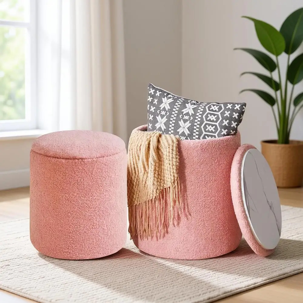 

2-Piece Storage Ottoman Set: Round Ottomans & Vanity Stool with Velvet Upholstery for Home Organization