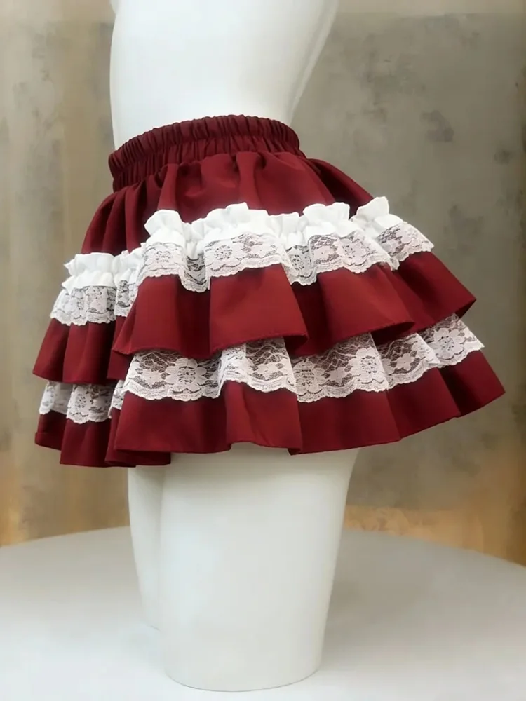 Sweet Red Cake Skirt Women High Waist Lolita Sexy Mini Ball Gown Skirts Spring Summer Preppy Style Lady Cute Japan Kawaii Skirt