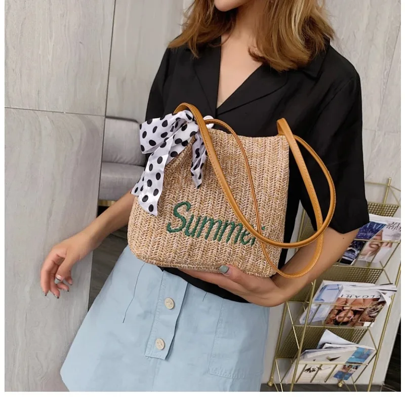 2023 Summer New Silk Scarf Decoration Bucket Straw Woven Bag Korean Fashion Woven Women's Bag Handbag Shoulder Bag