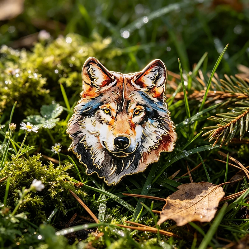 Colorful Wolf Head Watercolor Art Cartoon Enaeml Pin Wildlife Animal Portrait & Amber Eyes Brooch Backpack Jacket Badge Jewelry