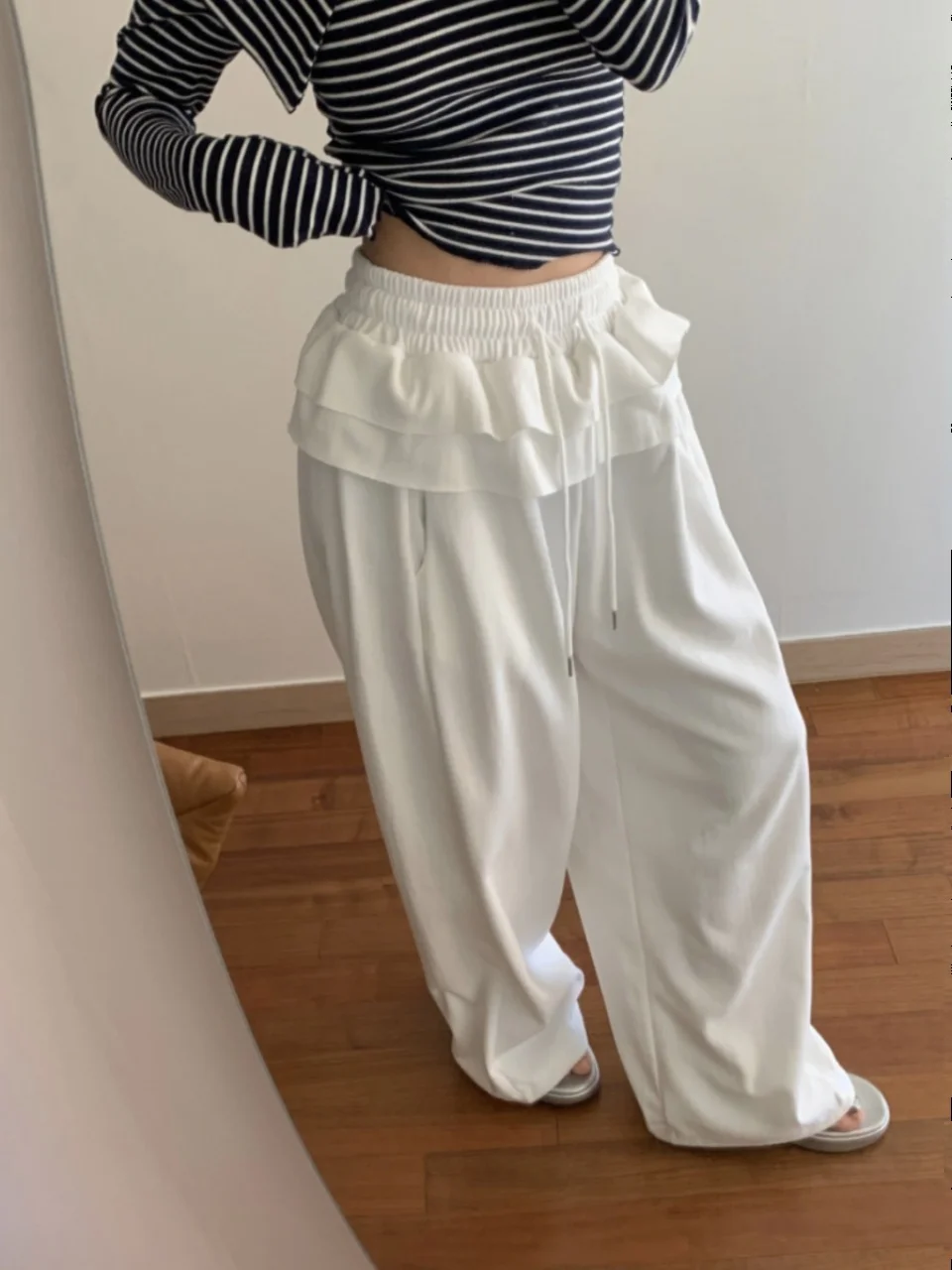 Casual Pleated Women's Pants with Ruffle Waist Dstring Loose Slimming Straight Leg Anti-Aging Floor-Length Sweatpants