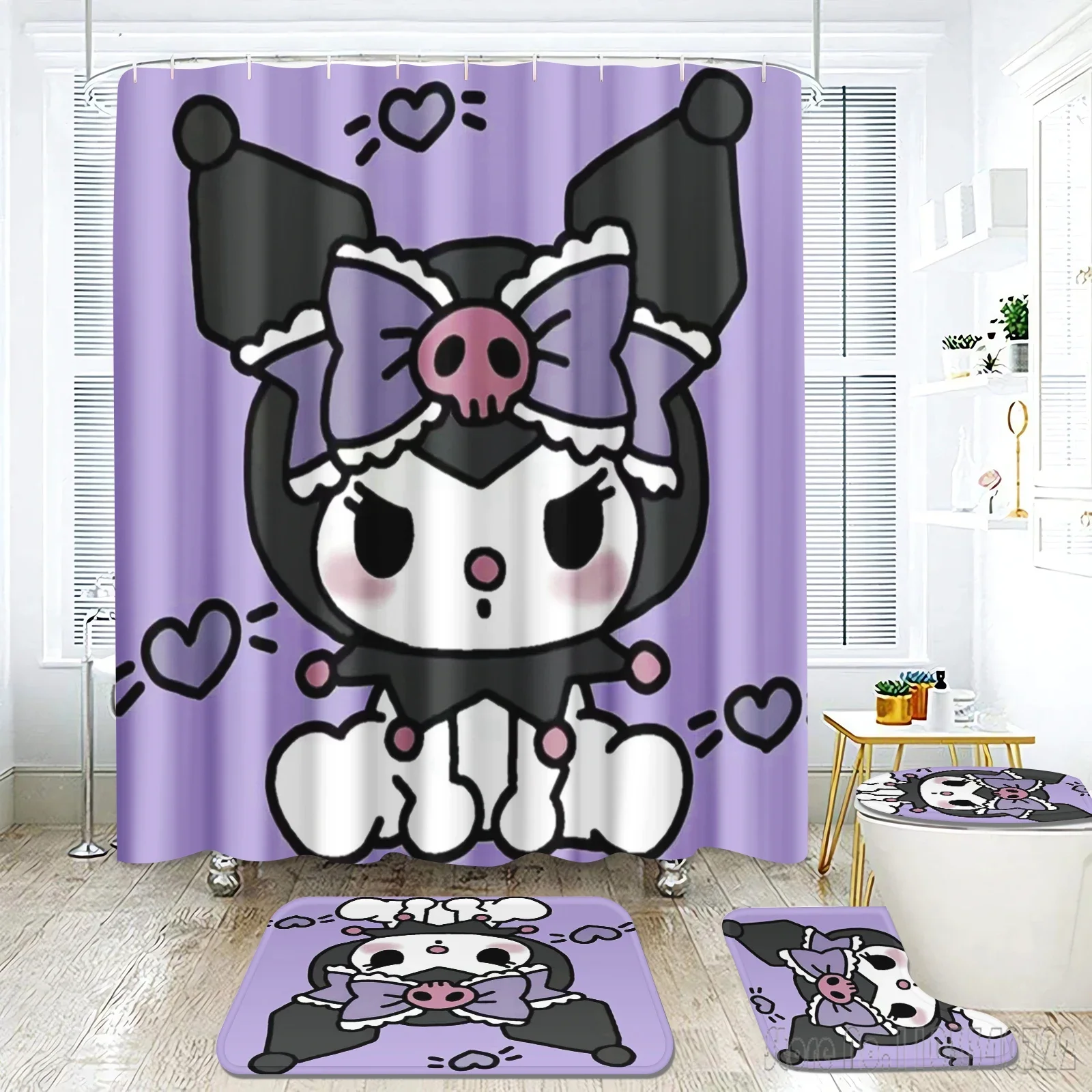 Sanrio Kuromi Anime Bath Shower Curtain Set 4pcs with Hooks Cartoon Decor Waterproof Bathroom Toilet Mat Lid