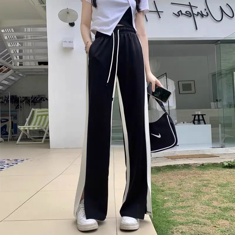 Black Straight Pants for Women's Spring Summer New Elastic Waist Contrast Loose Split Wide Leg Pants Casual Fashion Clothing