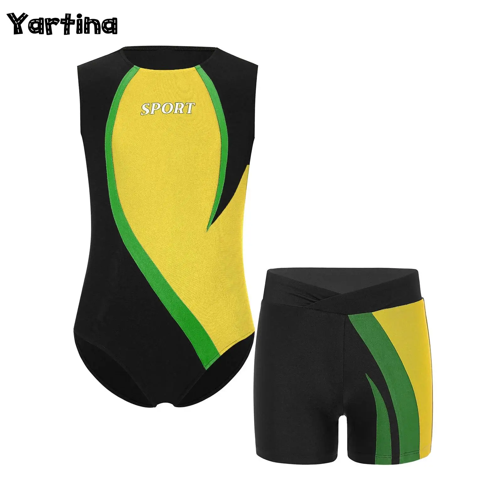 

Детский гимнастический балетный трикотаж для мальчиков, танцевальный костюм для выступлений, балетный трико с круглым вырезом и буквенным принтом, спортивные шорты с V-образным вырезом спереди