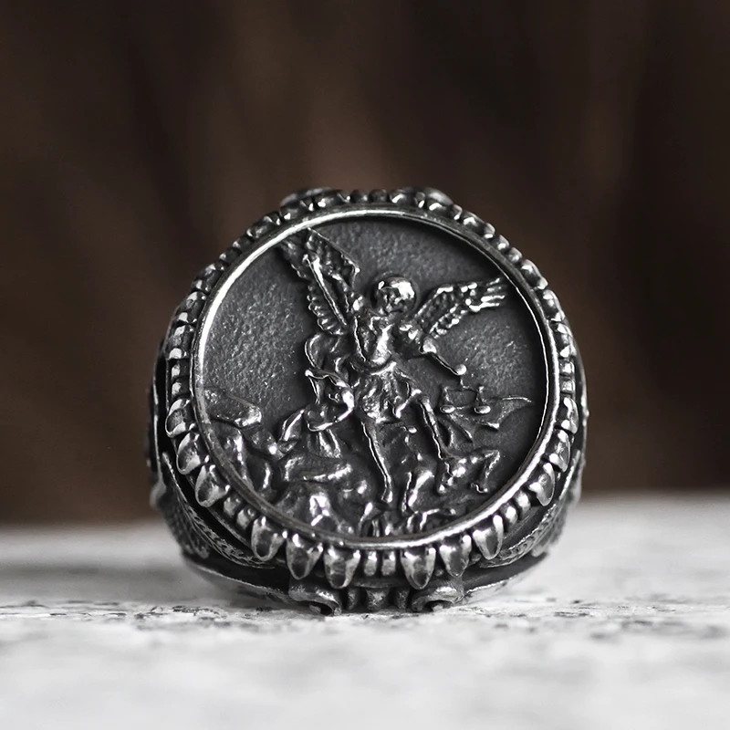 316L Stainless Steel St-Michael Men Rings Good Talisman Religious Personality Biker Ring for Men Boy Fashion Jewelry Gift