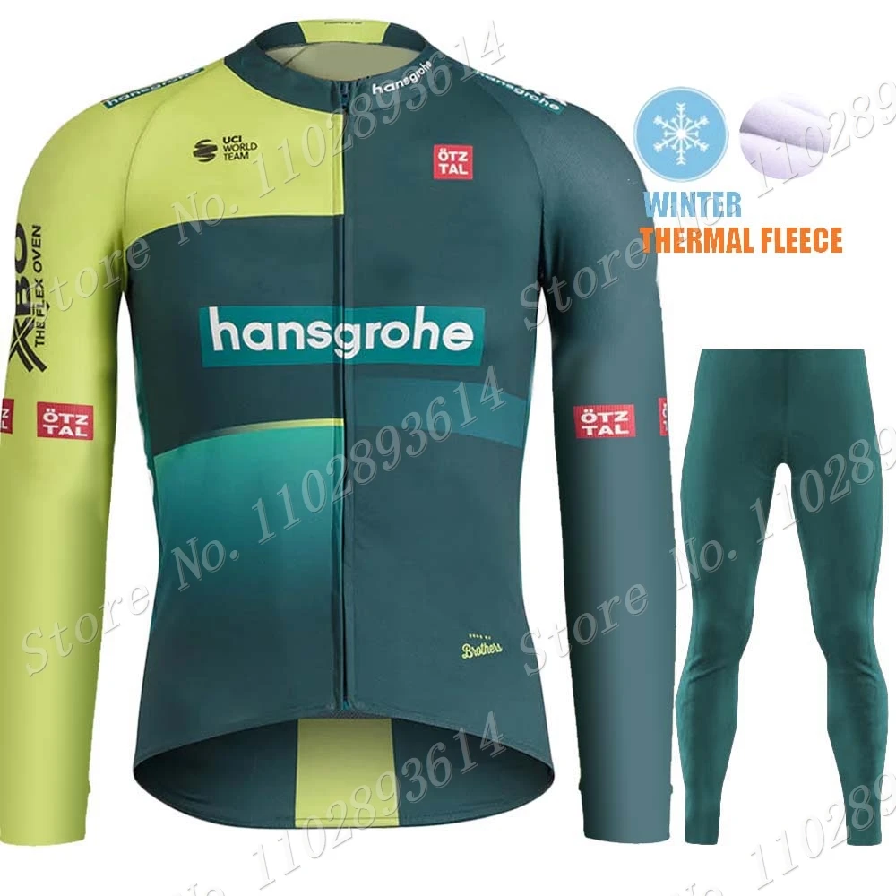 Winter Boraful Hansgrohe 2024 Team Cycling Jersey Set Long Sleeve Thermal Fleece Clothing Road Race Bike Jacket Suit MTB Ropa