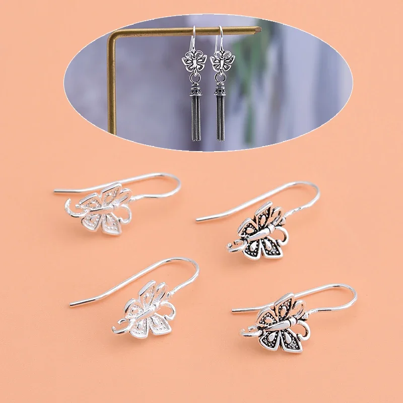 925 sterling silver DIY homemade earrings jewelry retro butterfly opening ring hanging pendant ear hook accessories