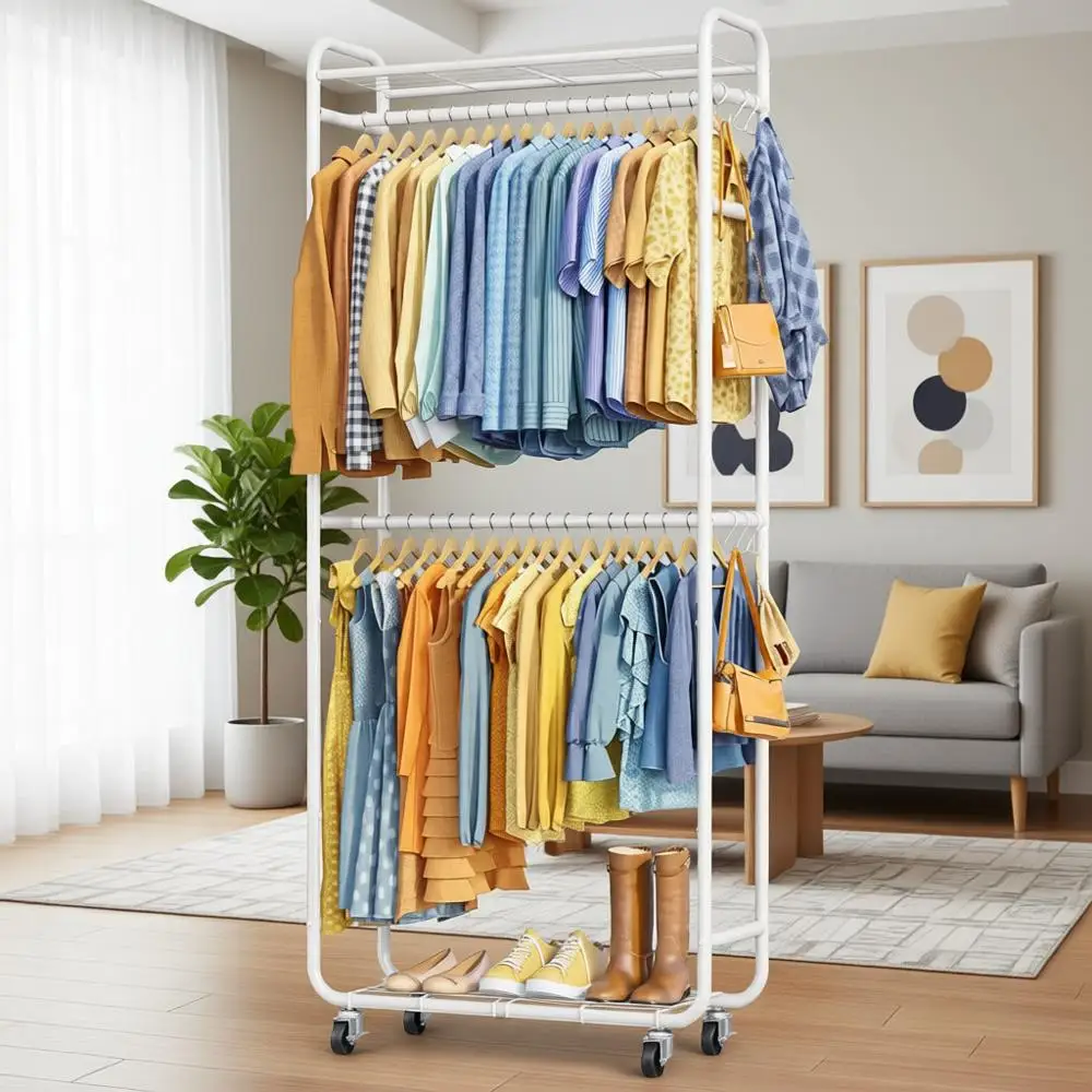 

Space-Saving Clothing Rack with Shelves, Hangers, Hooks, Lockable Wheels, Wall Anchor for Bedroom, 33 x 12.6 x 78.7, White