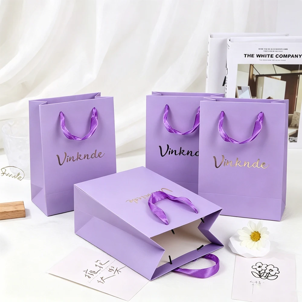 

24/50/100Pcs Custom Logo Purple 12x6x16cm Jewelry Packaging Bag Boutique Paper Handbag Perfume Earrings Bracelet Ring Storage
