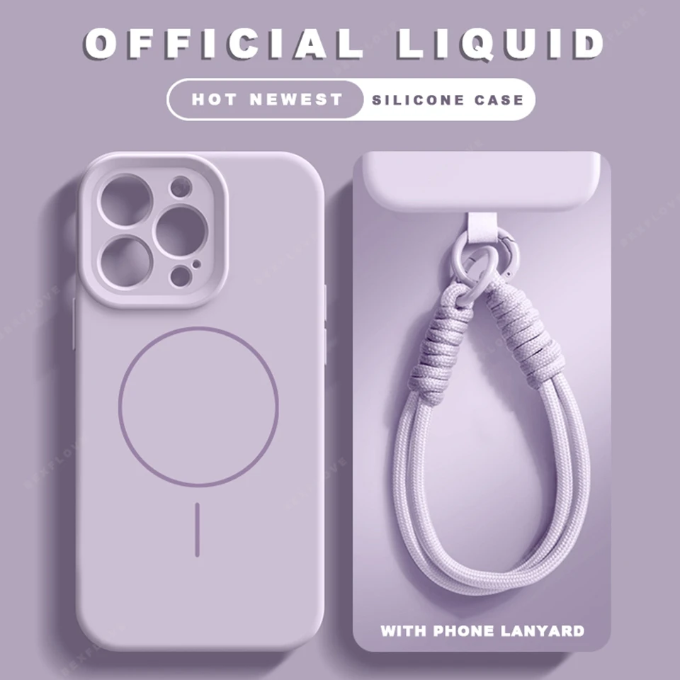 Capa de telefone magnética com cordão de silicone líquido para iPhone 16 14 15 Plus 11 12 13 16 Pro Max Magsafe Capa protetora de alça de carga