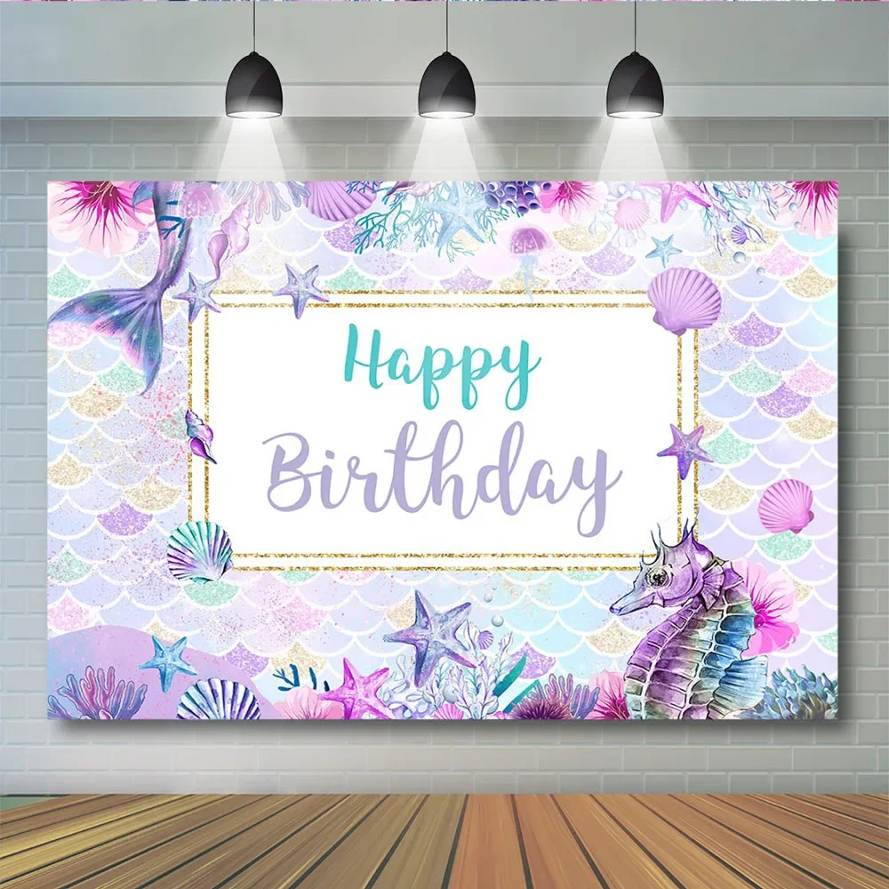 Birthday Party Photography Background Little Mermaid Theme Backdrop Gift Fish Purple Starfish Seahorse Seashell Backgrounds Prop