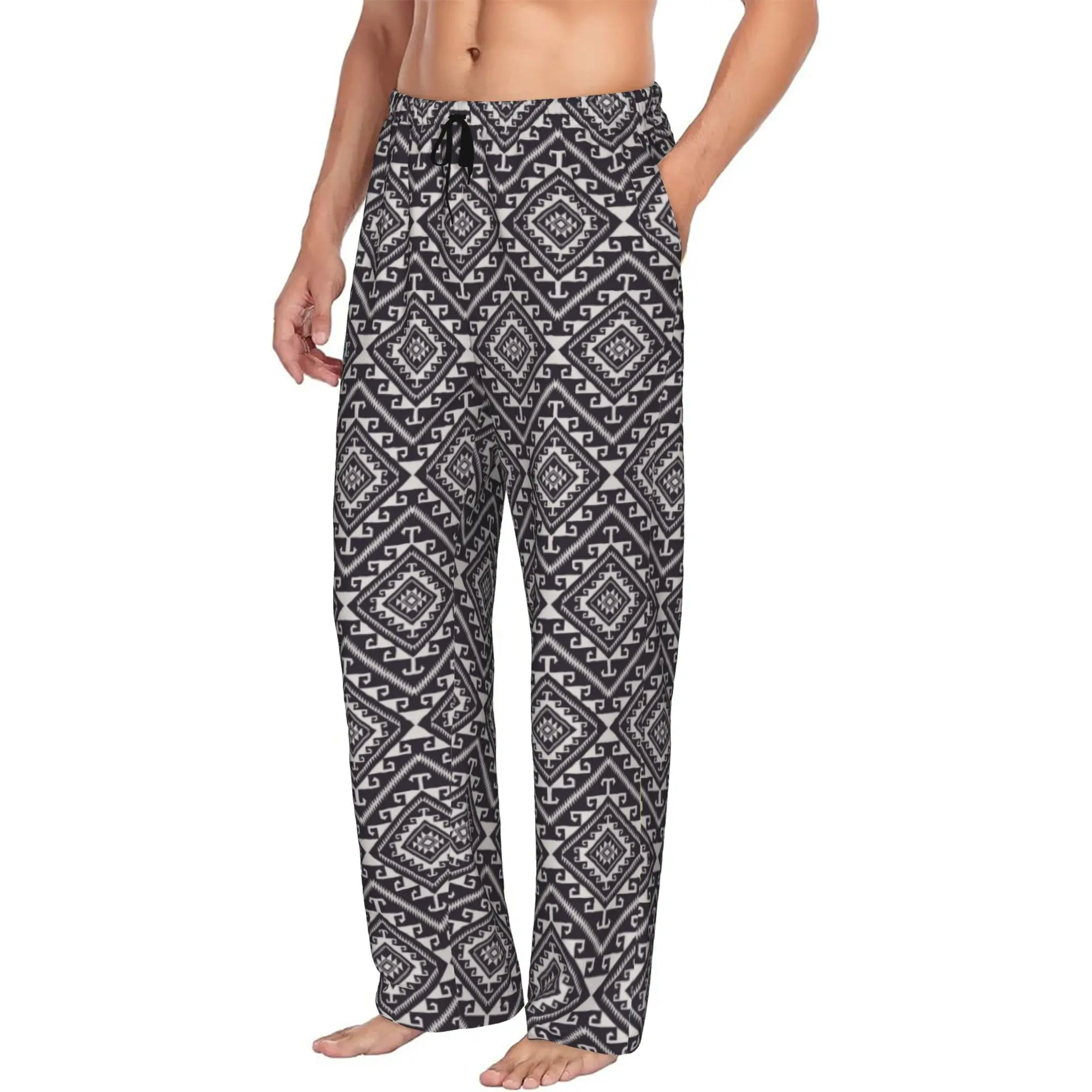 Custom Print Native Aztec Southwestern Black And White Pattern Pajama Pants Men  Sleep Sleepwear Bottoms with Pockets