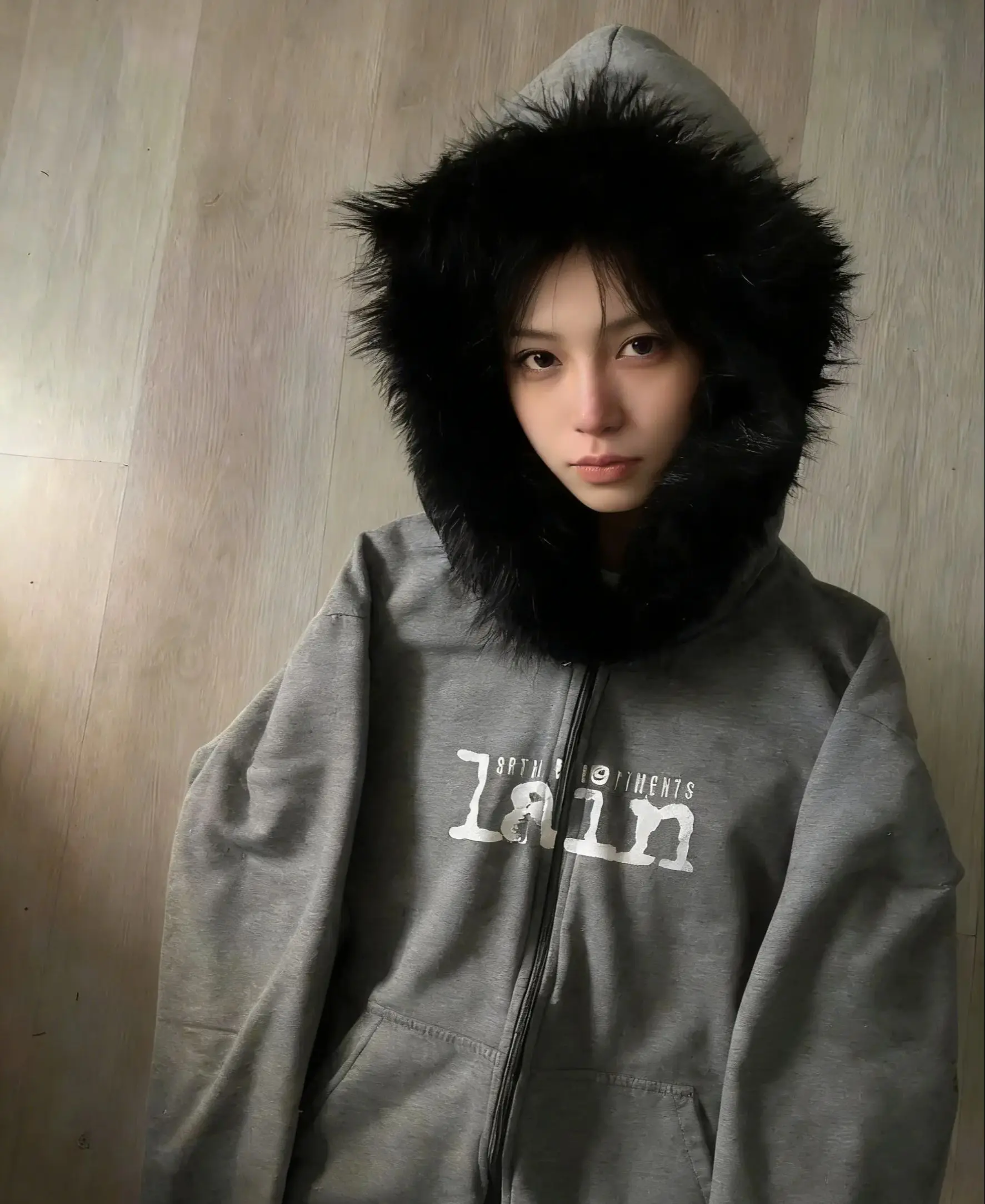 2026 series experiment Lain zipper hooded sweatshirt men's and women's style wool collar edge hooded sweatshirt Gothic street we