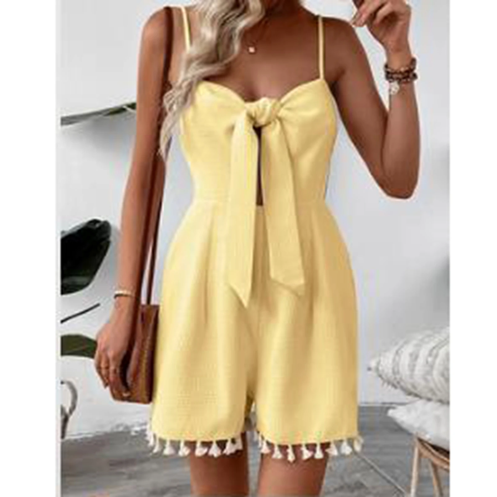 2025 Women's Summer Romper Lace-Up Sleeveless Tassel Spaghetti Strap Tie Knot Front Cut Out Jumpsuit Shorts Playsuit