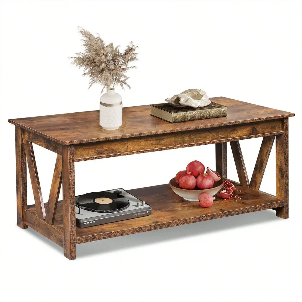 

Table 43 With Storage Shelf And Sturdy VShaped Support, Farmhouse Wood Center Table For Living Room, Bedroom, Office, Balcony,