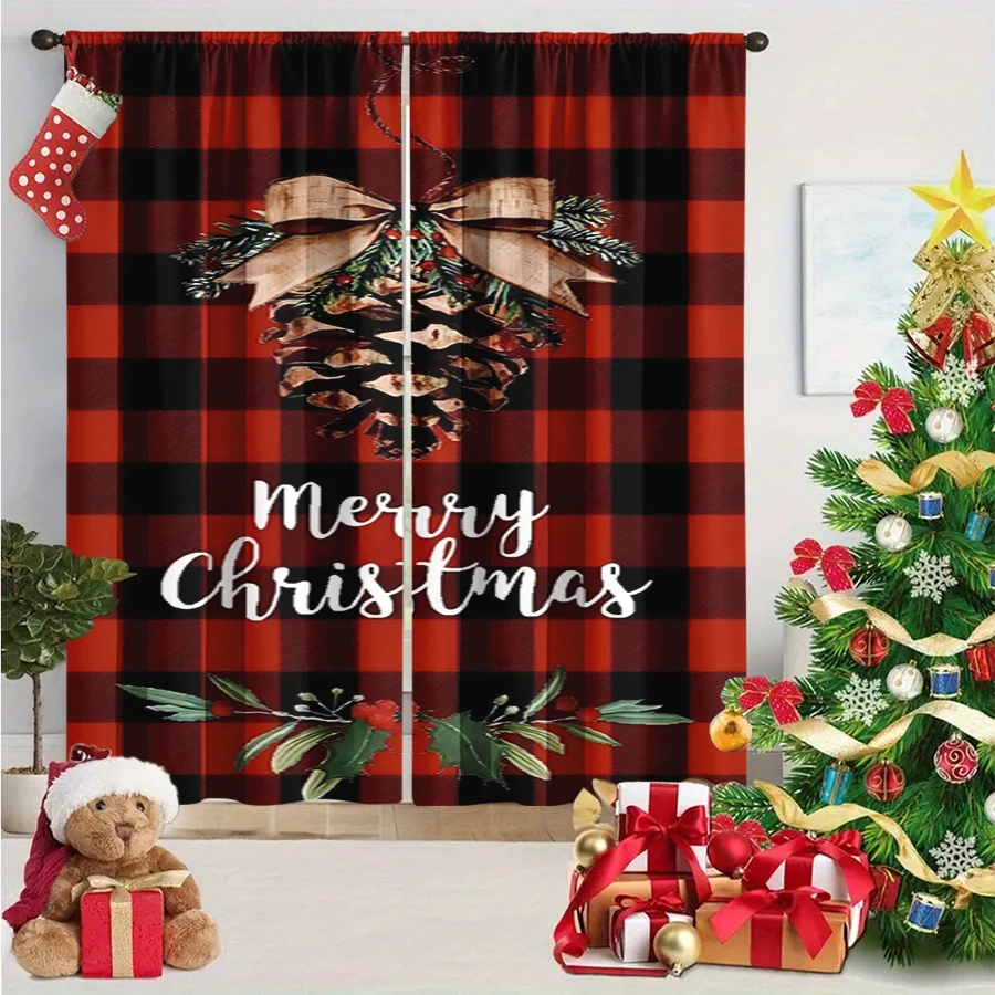 2PCS Christmas Winter Curtains, Plaid Pinecone Bow Merry Christmas Holly Red, Digital Print, Bedroom Living Room, Home Decor