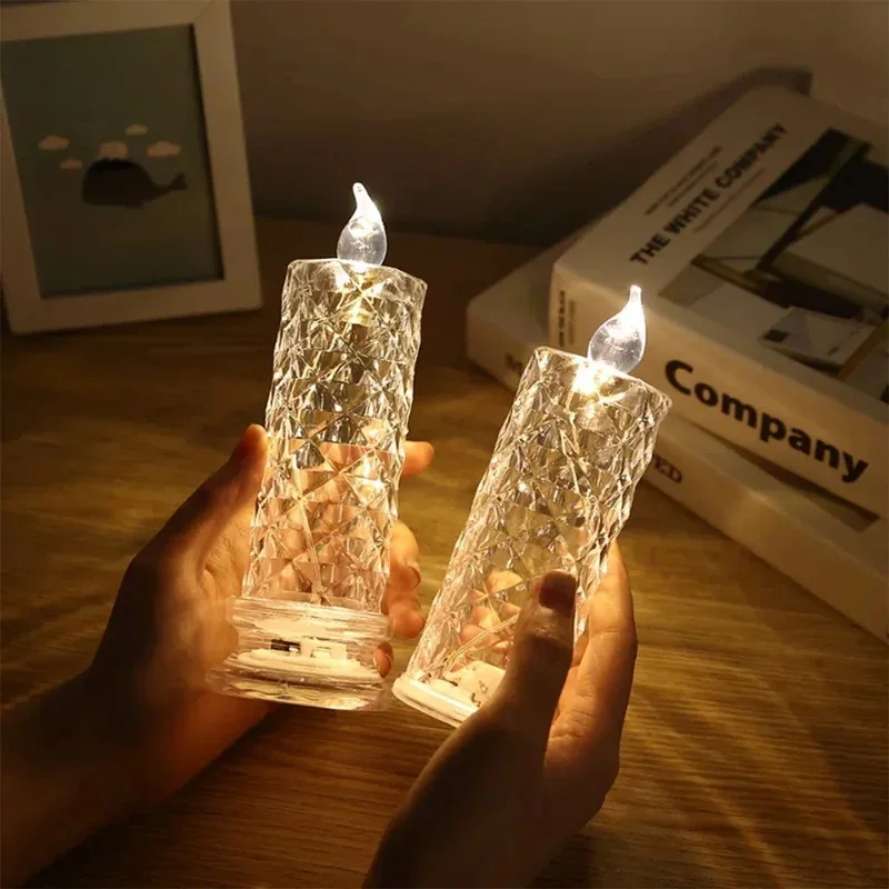 Crystal LED Candle Light Table Lamp Rose Projection Romantic Atmosphere Night Light for Bedroom Party Christmas Wedding Decorate