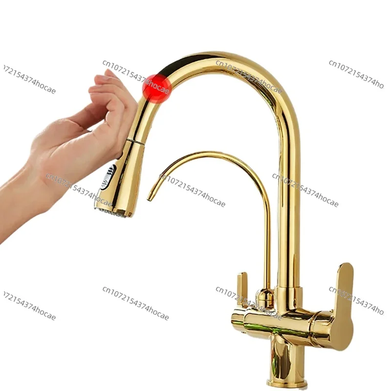 

Gold Touch Filter Kitchen Faucets 3 Ways Hot Cold Pull Out Kitchen Mixer Tap Solid Brass Golden Sensor Touch Kitchen Faucet