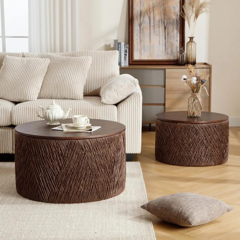 

Large Round Coffee Table with Storage, Hand-Woven Rattan Coffee Table Set of 2, Drum Circle End Table for Living Room