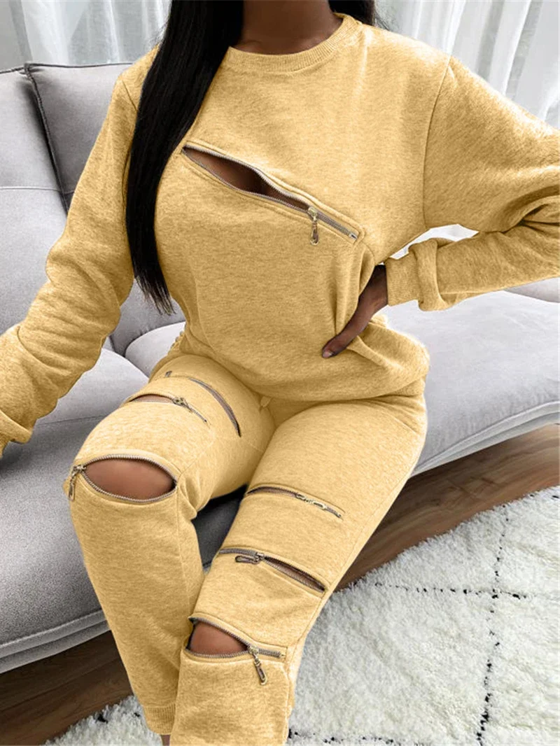 Autumn Tracksuit Women Two Piece Set Zipper Holes Long Sleeve Sweatshirt Top and Pants Sports Jogging Suit Female Matching Sets