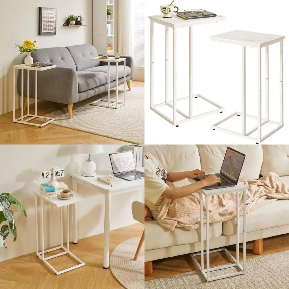 

Набор из 2-х маленьких приставных столиков C-образной формы, столешница из белого искусственного мрамора, для дивана и кровати, столик для ноутбука, 16x12x25 дюймов