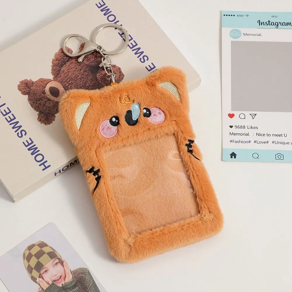 Porte-cartes photo en peluche solide avec porte-clés pour femme, couverture de carte Kawaii, étui de protection de carte animal, mini style coréen, document Ins