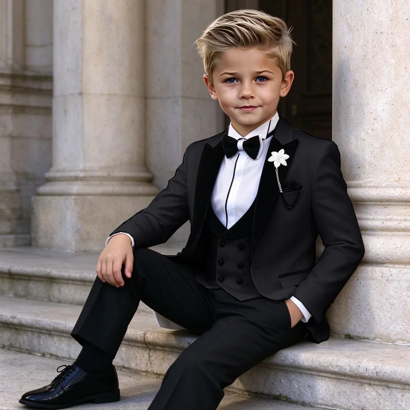 Boys' Formal 3-Piece Tailcoat Suit – Slim-Fit Jacket, Trousers, and Vest – Customizable Colors and Sizes