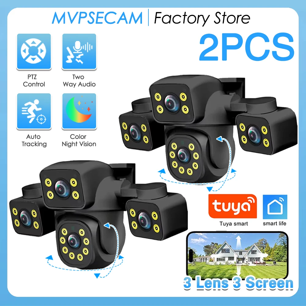 1/2PCS 15MP WiFi Camera Outdoor Three Lens Three Screen PTZ Auto Tracking IP66 Waterproof Smartlife Security Surveillance CCTV