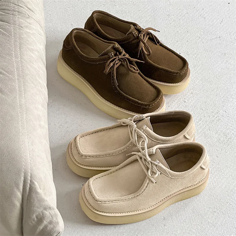 

Туфли-кенгуру в стиле ретро, британские повседневные кожаные туфли с низким берцем, новые зимние универсальные лоферы на платформе с квадратной головкой на шнуровке