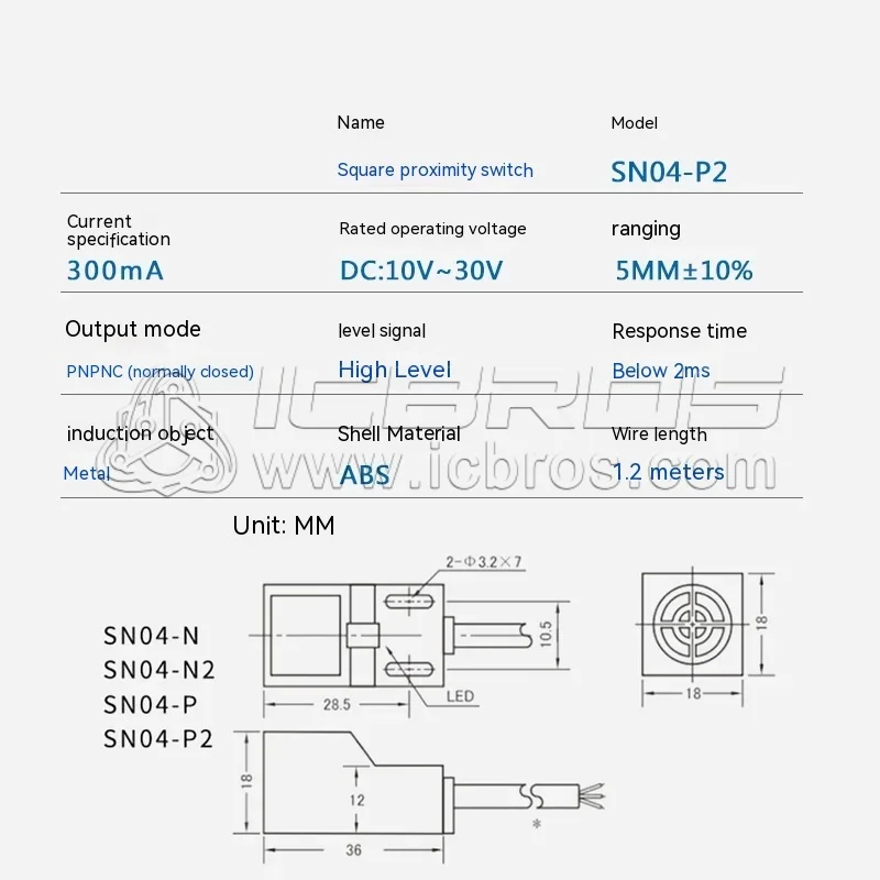 SN04-P Proximity Switch Metal Limit SenSor Square Waterproof SN04-N SN04-D SN04-Y SN04-N2 SN04-P2 Three Wire PNP NC 10-30VDC