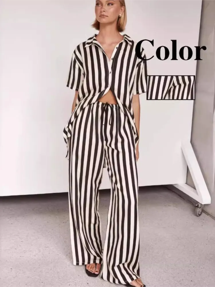 Fashion Casual Stripe Print Pants Sets Women Single-breasted Short Sleeves Shirt Leace-up Wide Leg Trousers Two Piece Set Female