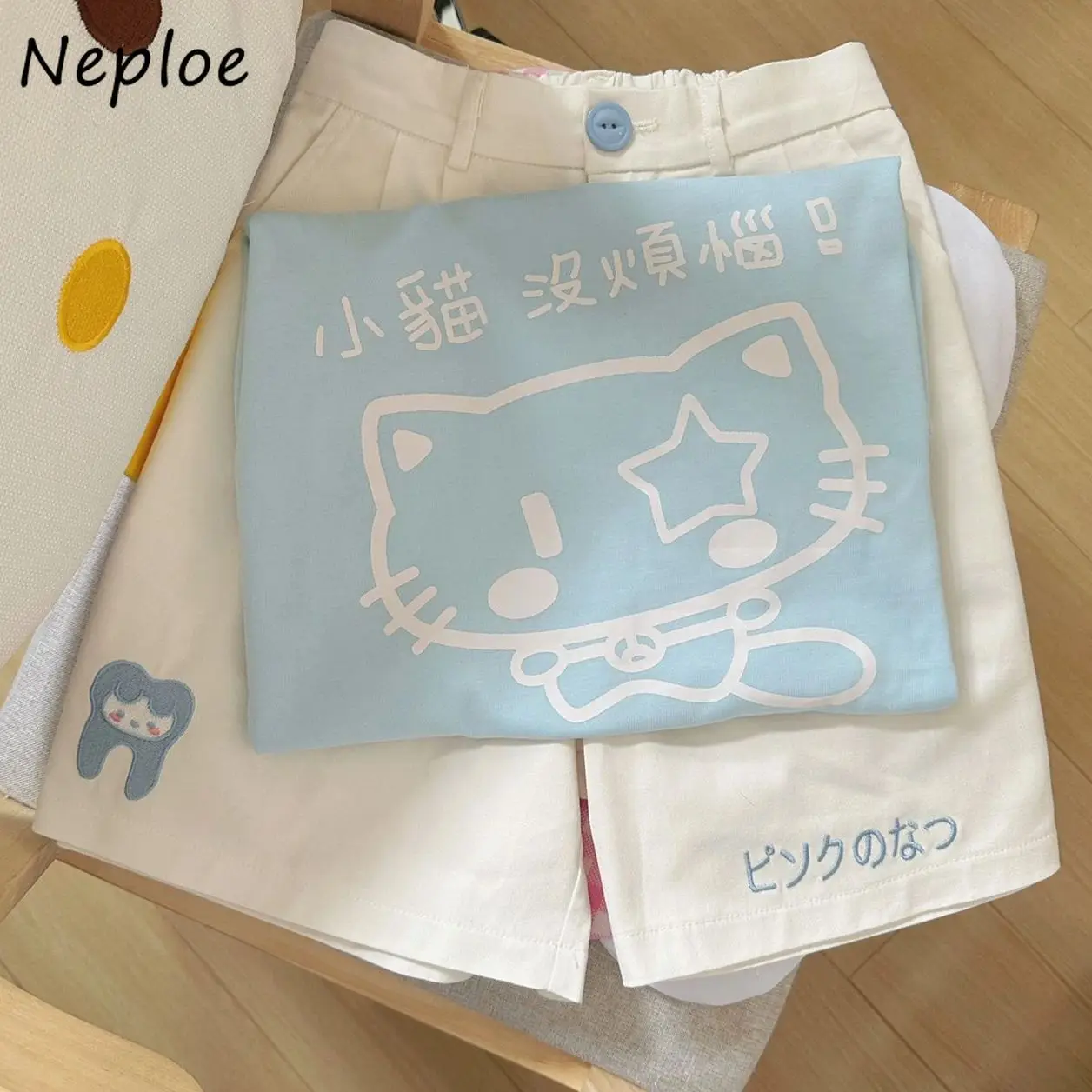 

Neploe Office Lady Sweet Cute Print Cat Women T-shirt Summer New Loose Soft Tops O Neck Minority Harajuku Streetwear Ropa Mujer